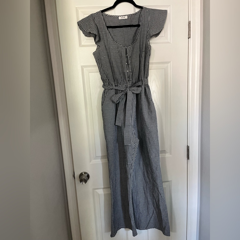 Flutter sleeve black and white checkered jumpsuit